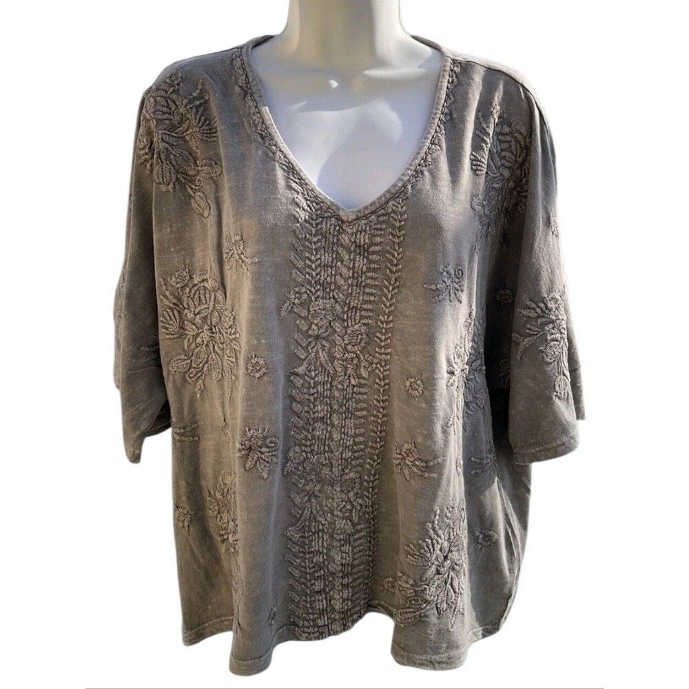 caite embroidered 100% slub cotton short sleeve top greige size M